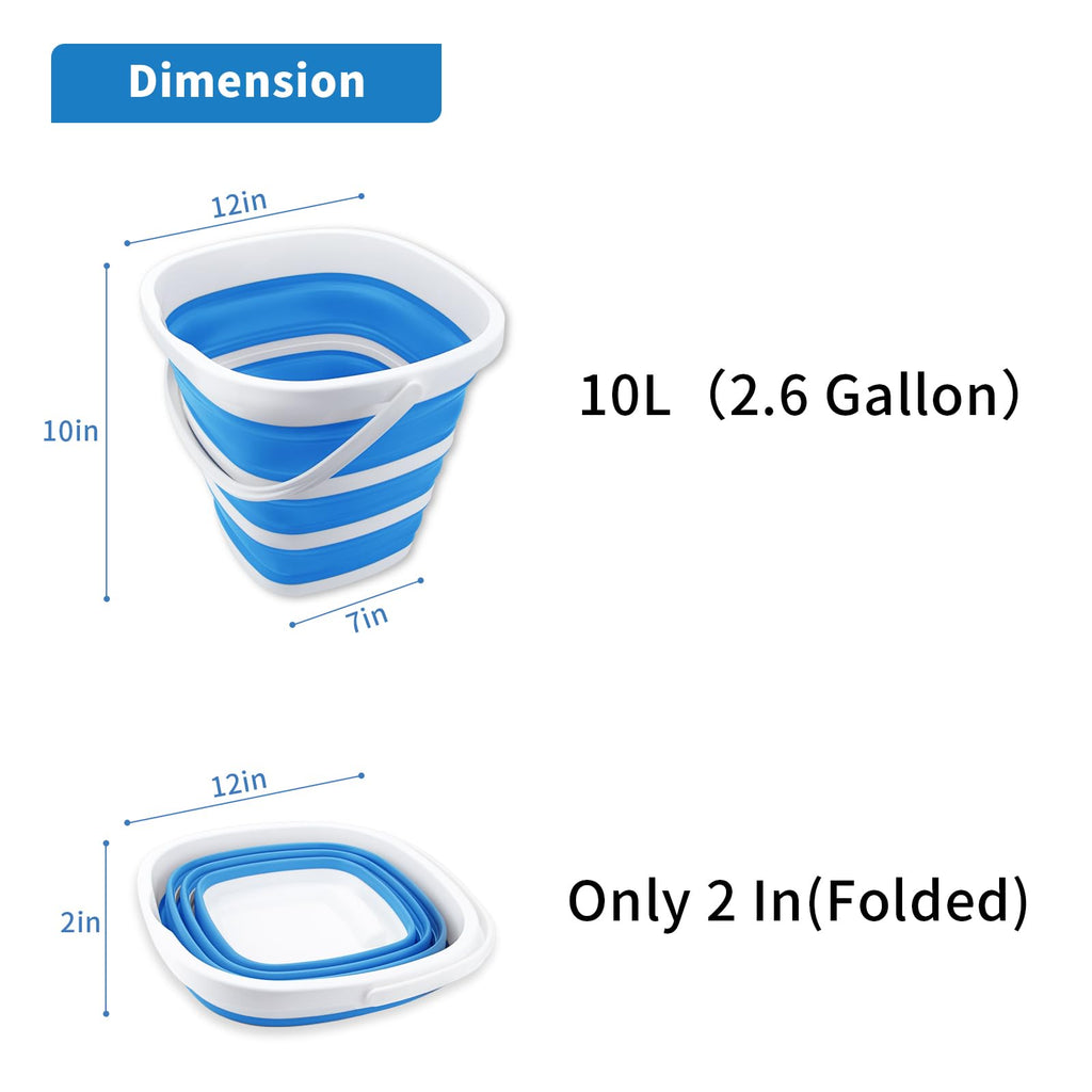 2 Pack Collapsible Buckets 10L 2.6 Gallon Cleaning Bucket Mop Bucket Folding Foldable Portable Small Plastic Water Supplies for Outdoor Garden Camping Fishing Car Wash Space Saving Square Grey Blue