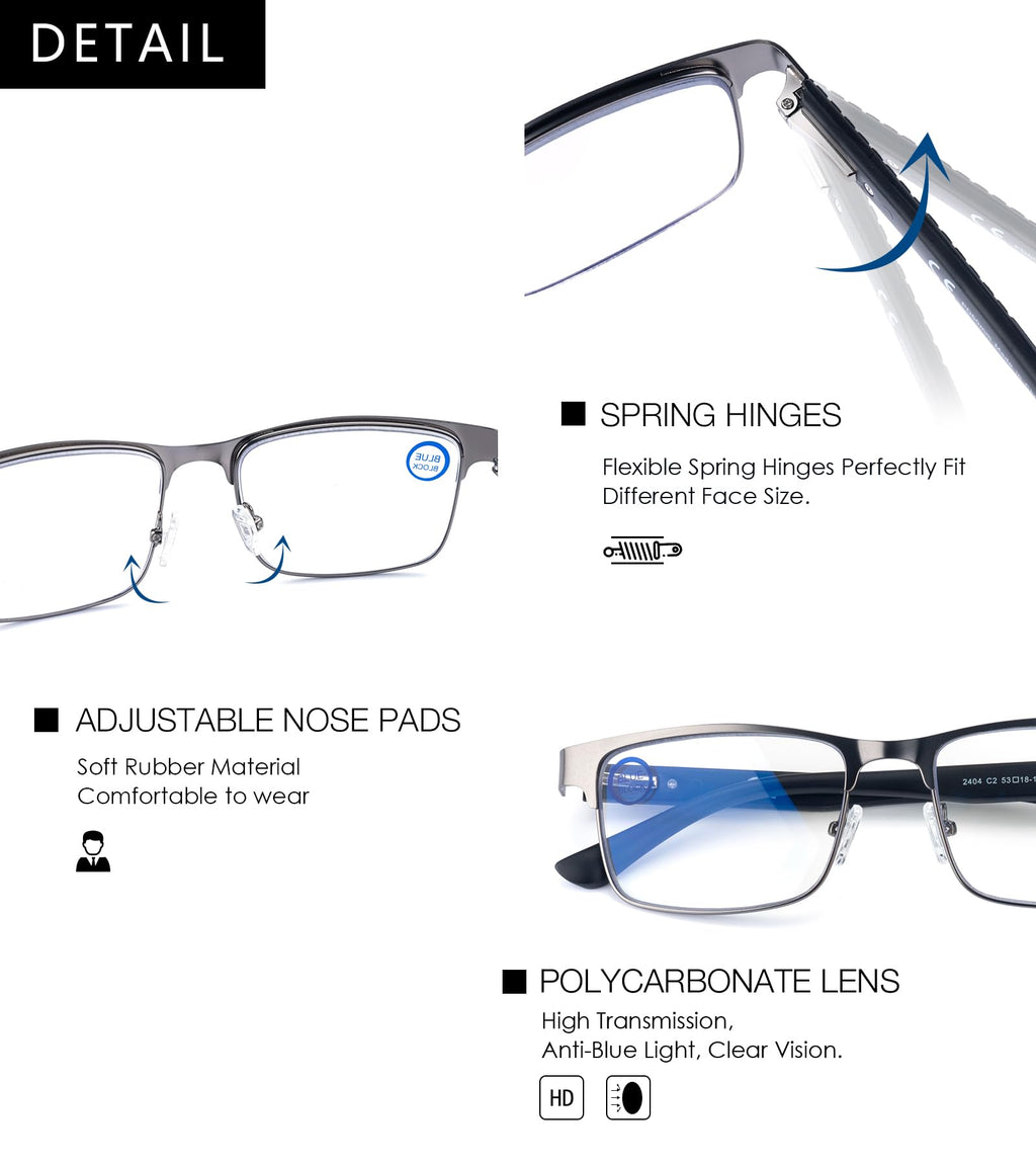 SKYOAK 2 Pack Refined Progressive Multifocus Reading Glasses Men Blue Light Blocking Readers Metal Frame Spring Hinge, Top is not 0 (Black+Gunmetal, 1.5)