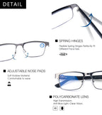 SKYOAK 2 Pack Refined Progressive Multifocus Reading Glasses Men Blue Light Blocking Readers Metal Frame Spring Hinge, Top is not 0 (Black+Gunmetal, 1.5)