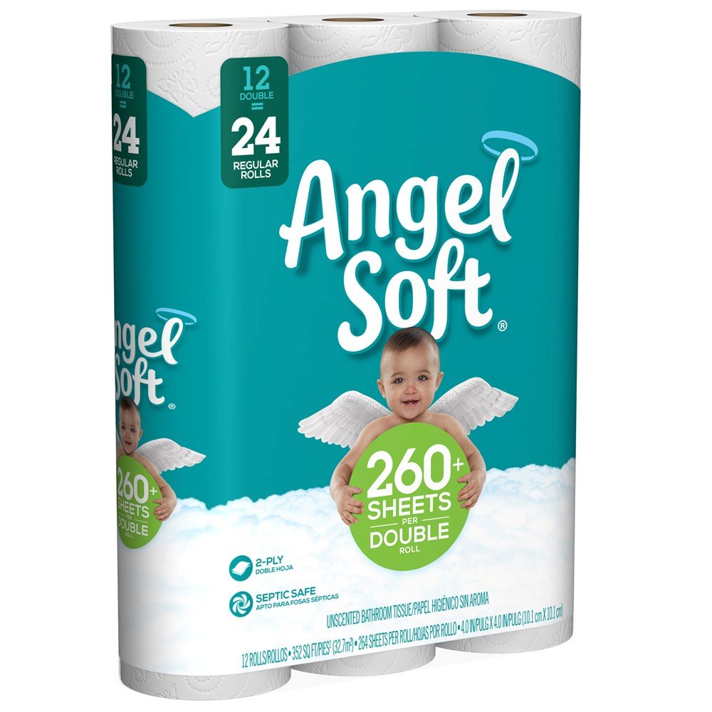 ANGEL SOFT Toilet Paper Bath Tissue, 12 Double Rolls, 260+ 2-Ply Sheets Per Roll