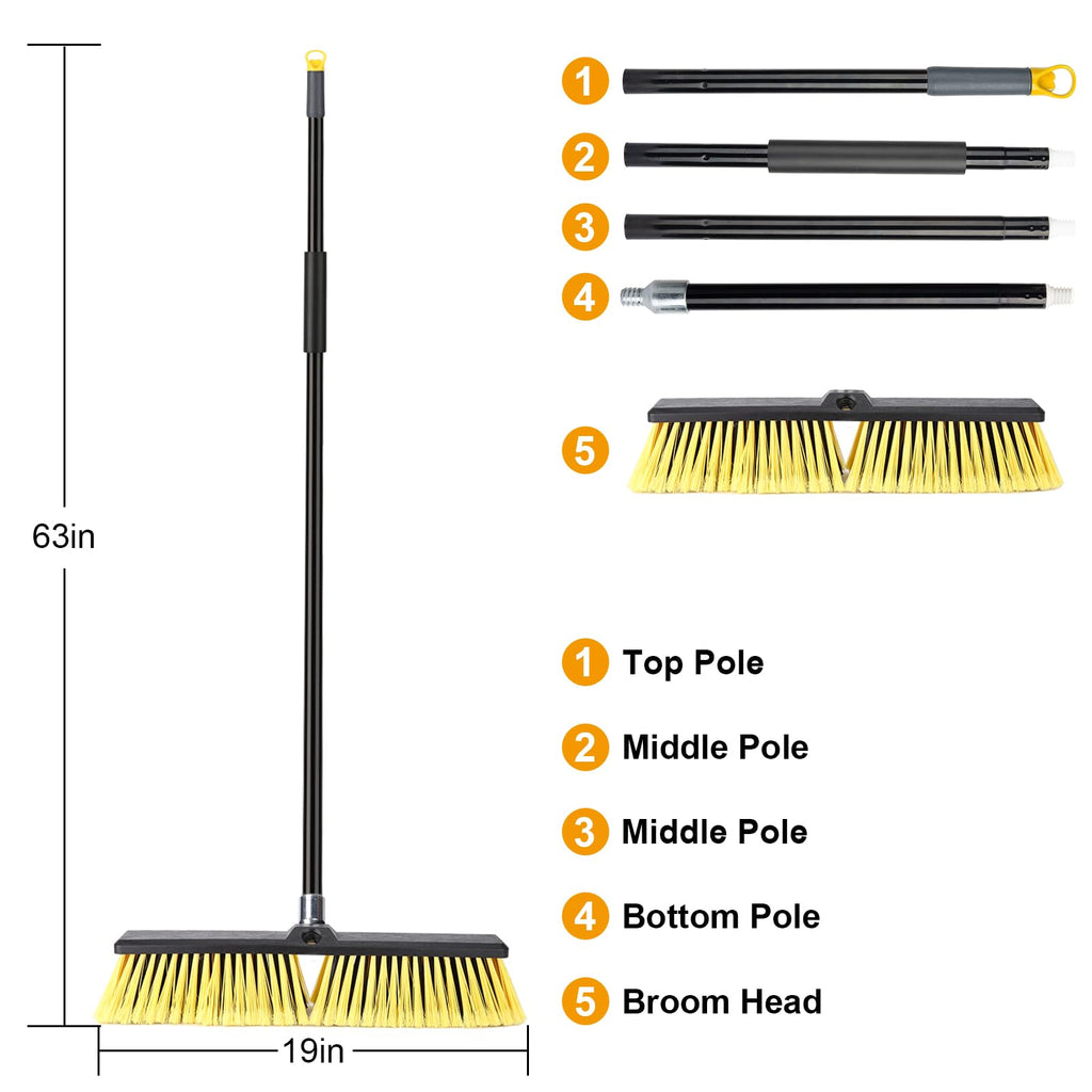 18 Inches Push Broom Outdoor- Heavy Duty Broom with 63" Long Handle for Deck Driveway Garage Yard Patio Concrete Floor Cleaning