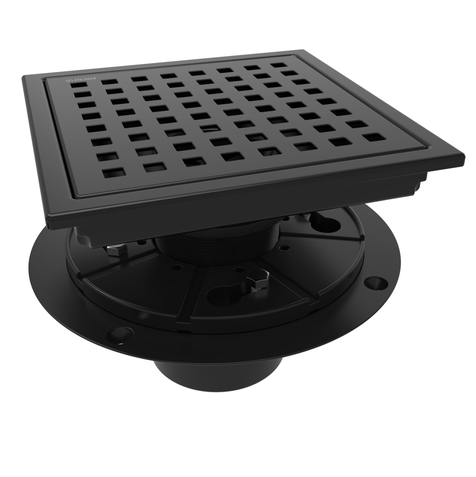WEBANG 6 Inch Square Shower Floor Drain with Flange,Quadrato Pattern Grate Removable,Food-Grade SUS 304 Stainless Steel,Watermark&CUPC Certified,Matte Black