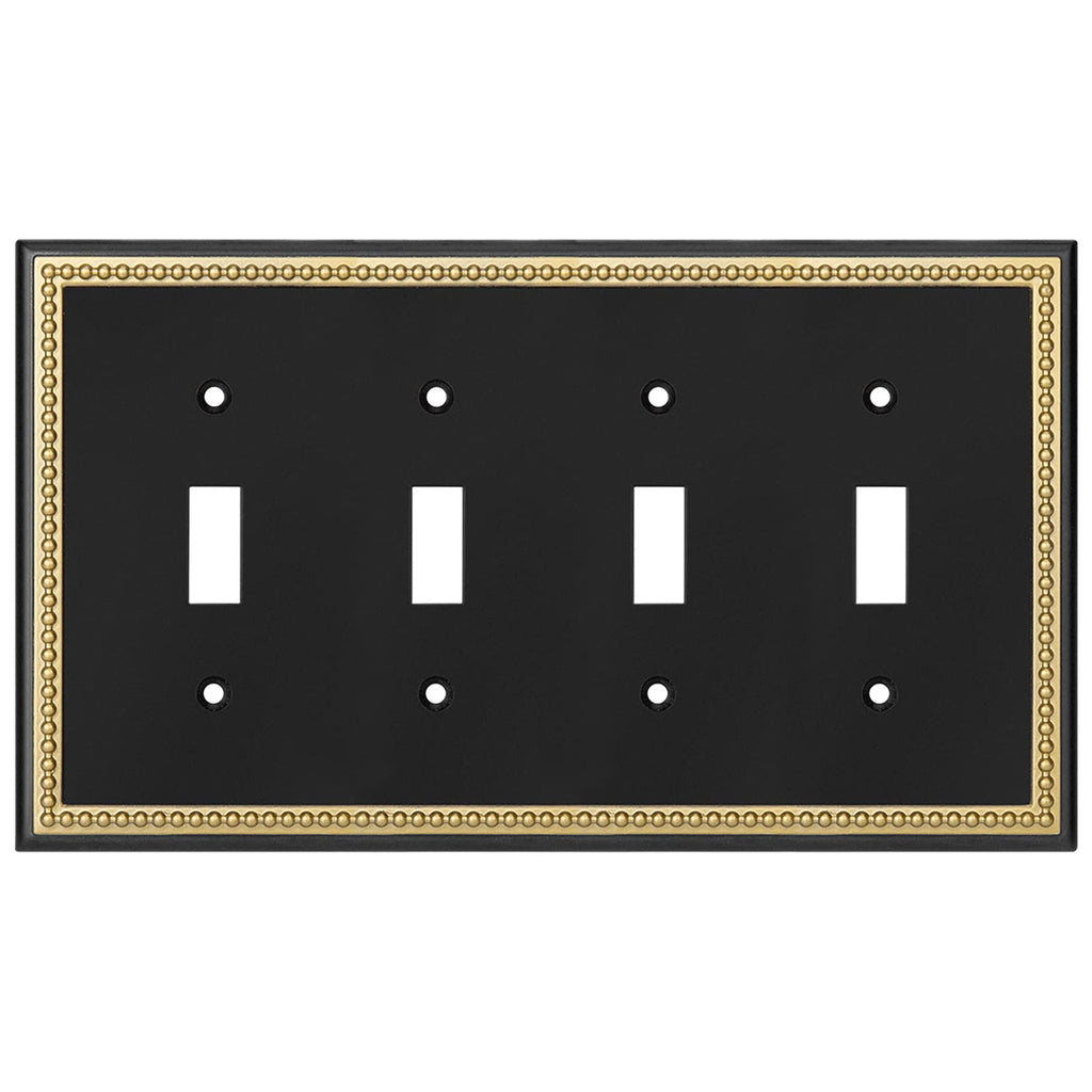 Pearled Frame Decorative Wall Plate Switch Plate Outlet Cover (Quad Toggle, Black & Dark Golden)