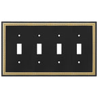 Pearled Frame Decorative Wall Plate Switch Plate Outlet Cover (Quad Toggle, Black & Dark Golden)