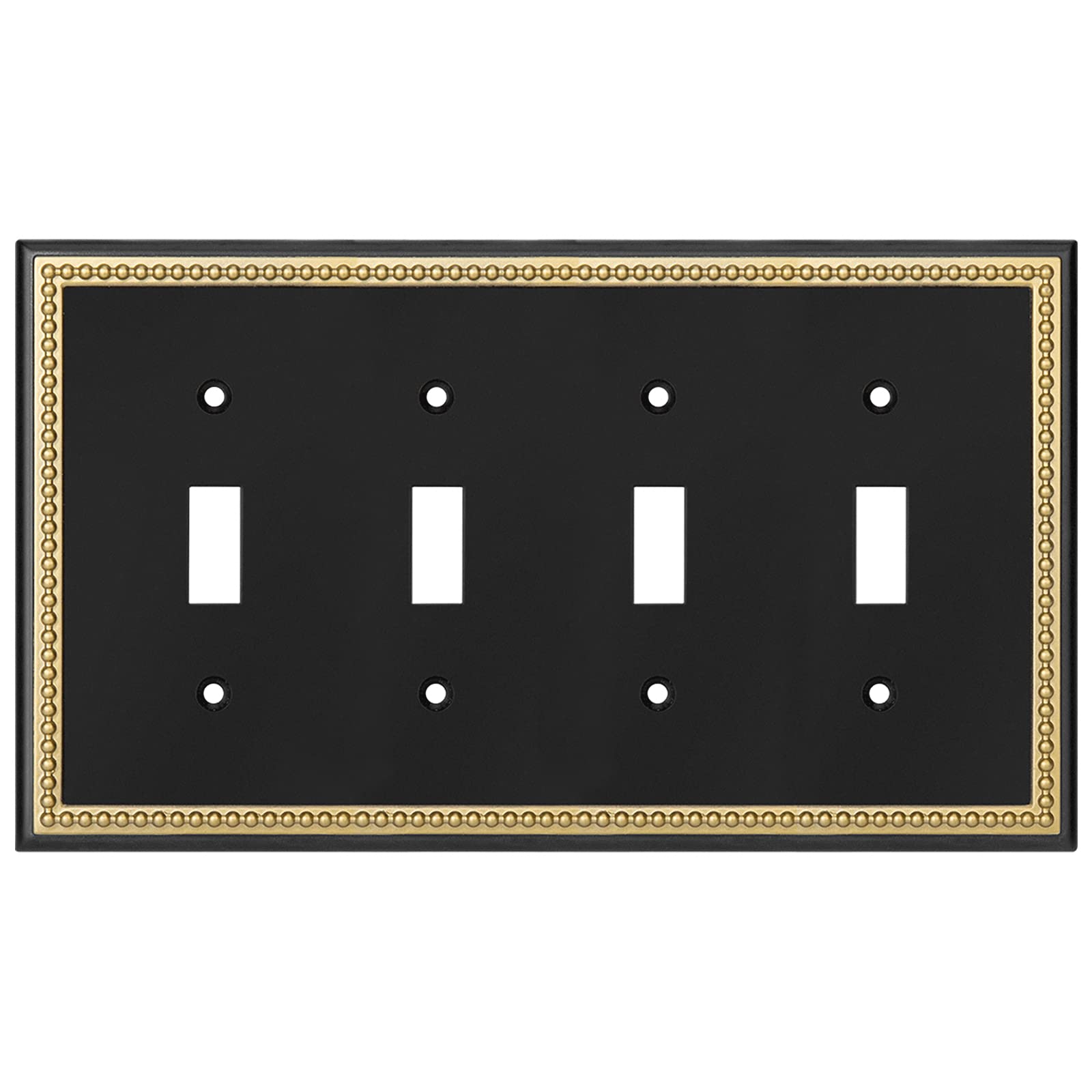 Pearled Frame Decorative Wall Plate Switch Plate Outlet Cover (Quad Toggle, Black & Dark Golden)