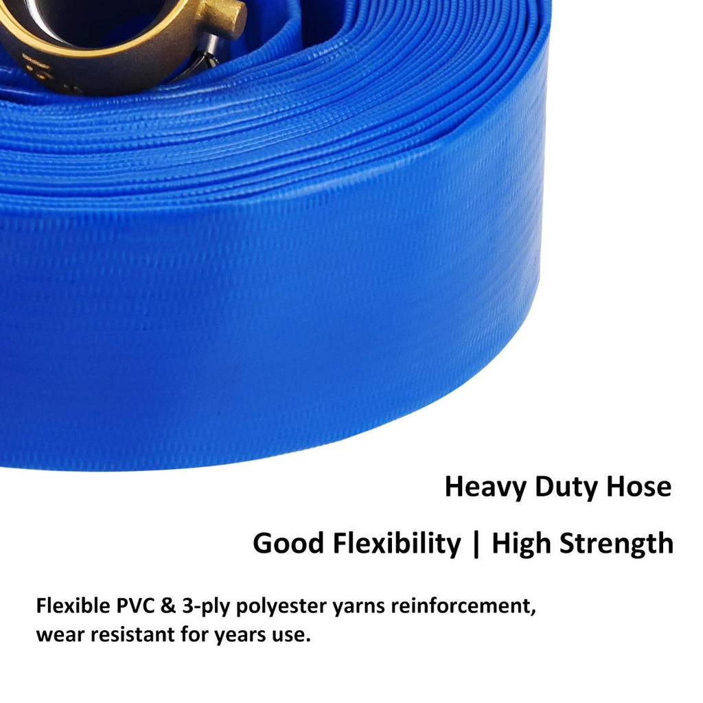 2" x 50' Blue PVC Backwash and Discharge Hose for Swimming Pools, Heavy Duty Reinforced Flat Pool Hose with Aluminum Pin Lug Fittings