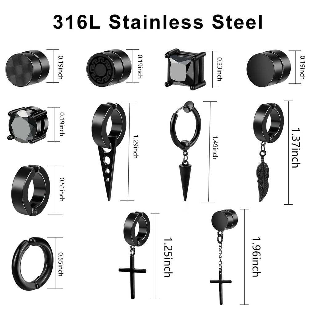 ONESING 12 Pairs Black Magnetic Earrings: Clip On, Hoop & Dangle Designs - Non-Piercing Set for Men & Women