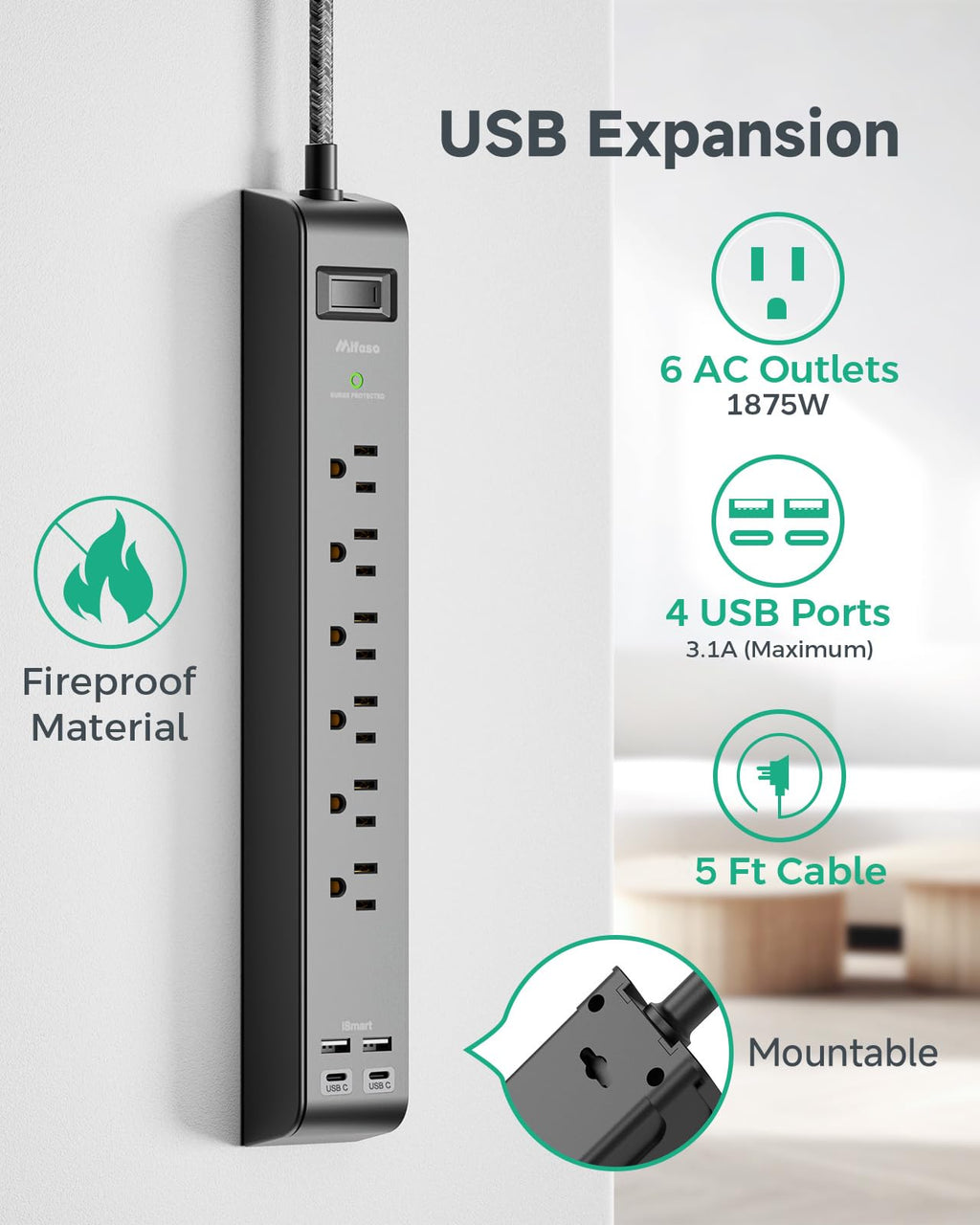 2 Pack Surge Protector Power Strip with 6 Outlets 4 USB Ports