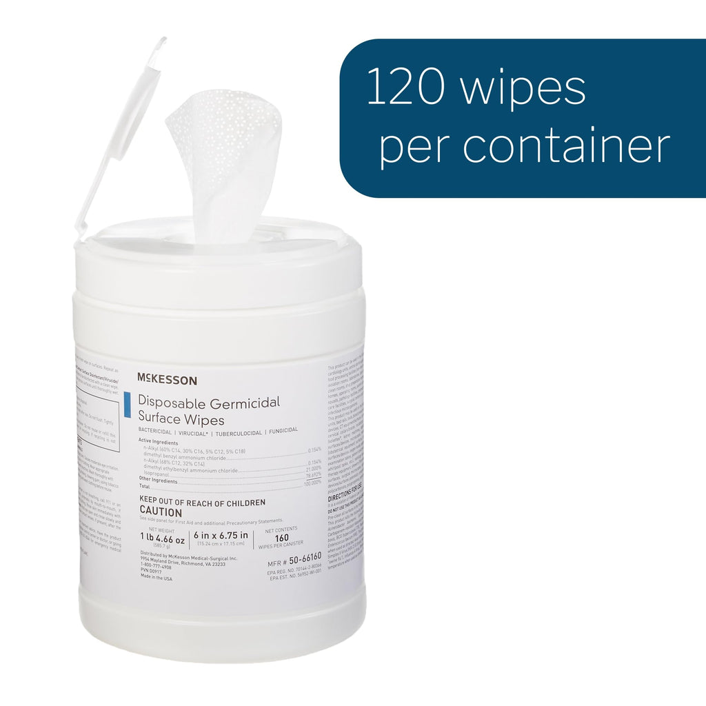 McKesson Germicidal Disinfecting Wipes [480 Count], Alcohol Cleaning Disinfectant Cloths, Hospital Grade Multi-Surface Cleansing, 160 Wipes, 3 Pack