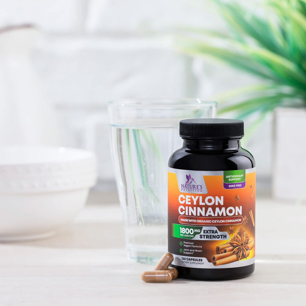 Organic Ceylon Cinnamon Supplement 1800mg Per Serving - Extra Strength Certified Organic Ceylon Cinnamon Powder Pills - Energy & Heart Support Antioxidant for Women & Men, Bottled USA - 120 Capsules