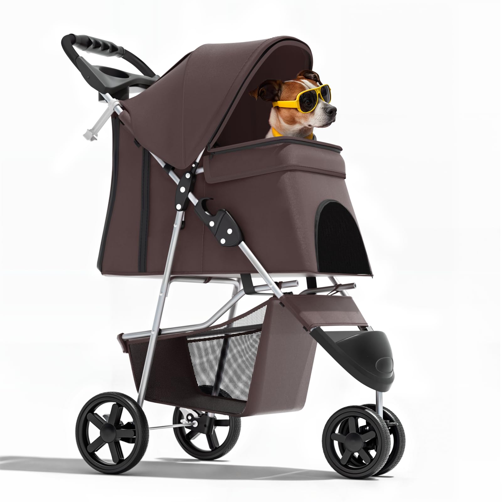 Magshion 3-Wheel Pet Stroller, Foldable Travel Jogger for Small & Medium Dogs & Cats (Up to 33lbs), Lightweight Carrier with Breathable Mesh Cover, Cup Holder & Storage Basket, Coffee