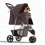 Magshion 3-Wheel Pet Stroller, Foldable Travel Jogger for Small & Medium Dogs & Cats (Up to 33lbs), Lightweight Carrier with Breathable Mesh Cover, Cup Holder & Storage Basket, Coffee