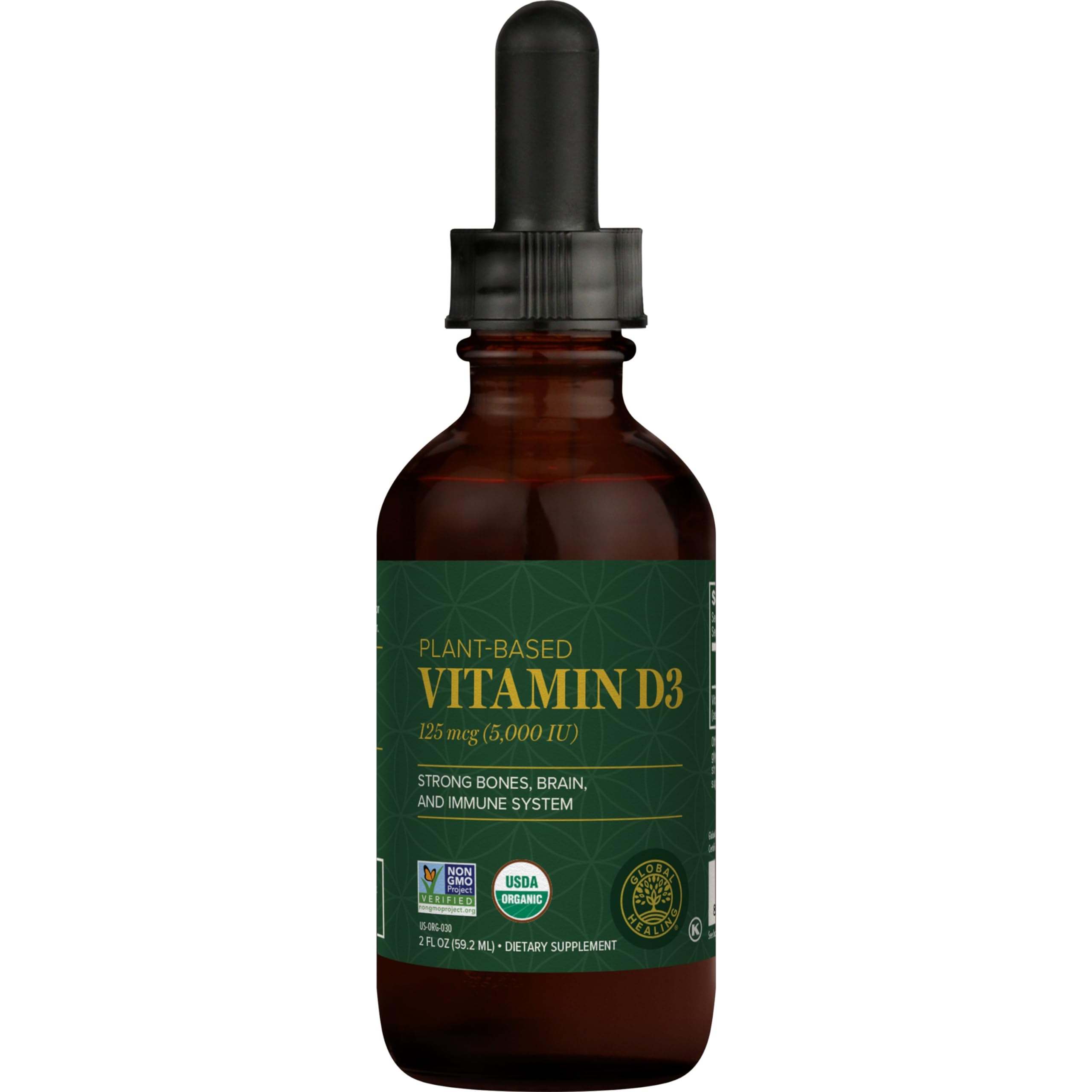 Global Healing Organic Vitamin D3 5000 IU Supplement - Vegan Vitamin D Supplements for Immune Health & Strong Bones Support - Pure D3 Vitamin 5000 IU Ingredients, Vit D3 - 2 Fl Oz