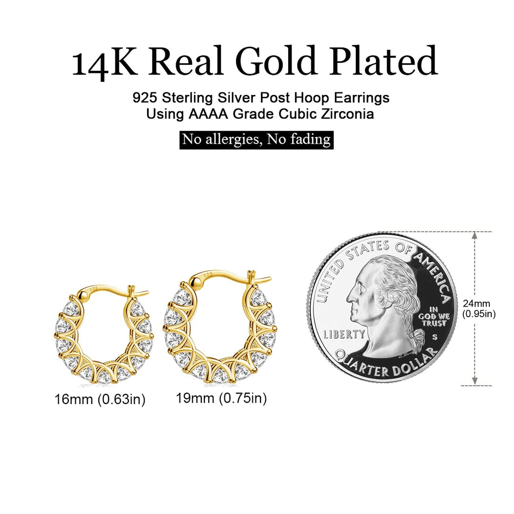 Allencoco Cubic Zirconia Huggie Hoop Earrings - Jewelry For Women, 14K Gold, 925 Sterling Silver Post Hypoallergenic (14K Gold CZHoop 16mm)