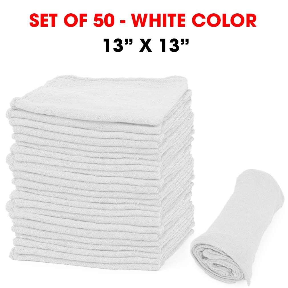 TALVANIA Shop Towels – Pack of 50 Reusable Cleaning Rags – Durable Quality Cotton – 13" x 13"– Machine Washable – Suitable for All Purposes (White)