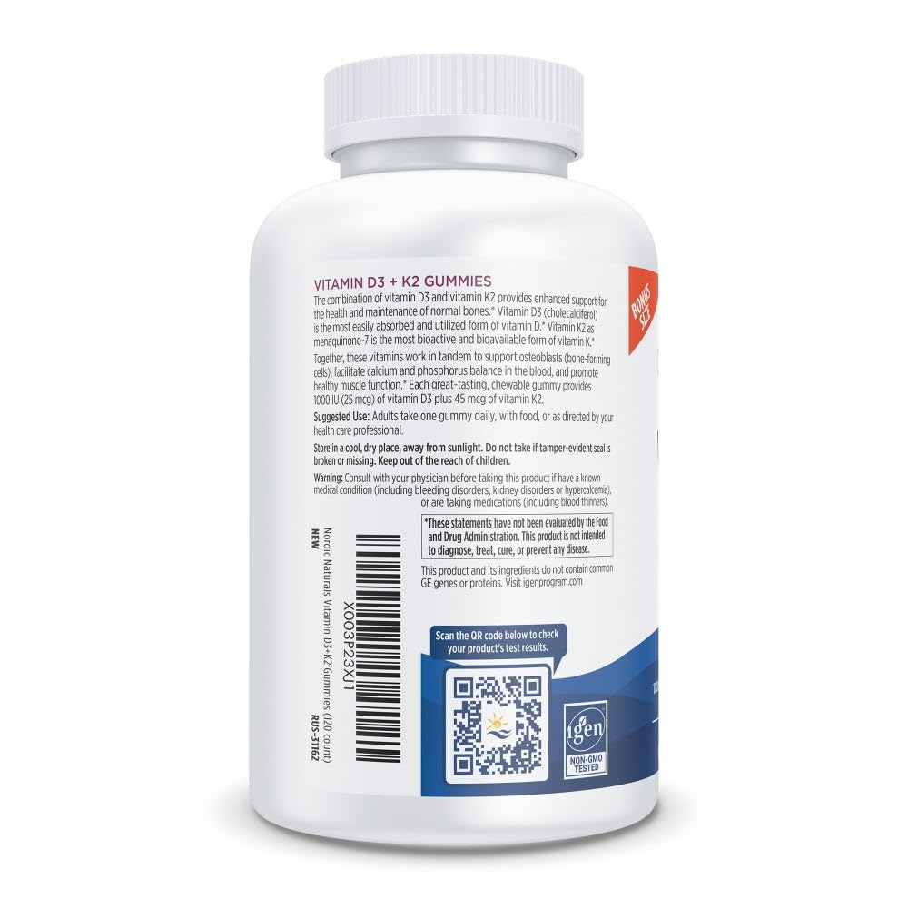 Nordic Naturals Vitamin D3 + K2 Gummies, Pomegranate - 120 Gummies - 1000 IU Vitamin D3 + 45 mcg K2- Great Taste - Bone Health, Promotes Healthy Muscle Function - Non-GMO - 120 Servings