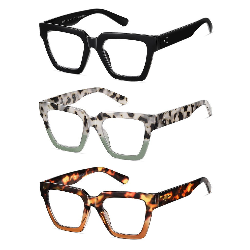 Kafirlo Oversized Reading Glasses For Women Readers Oprah Style Blue Light Blocking Computer Cheaters Designer Ladies Square Large Frame Stylish Fashion Funky Cute Trendy Big Head Best 3 Pack +1.50