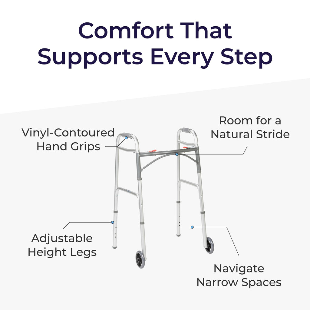 Drive Medical Two-Button Folding Walker w/ Wheels - Lightweight Rolling Mobility Support - Desk Arms - Adjustable Height - Dual Push Operation - 5 Inch Front Wheels - Durable Aluminum - Silver