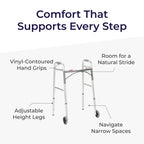 Drive Medical Two-Button Folding Walker w/ Wheels - Lightweight Rolling Mobility Support - Desk Arms - Adjustable Height - Dual Push Operation - 5 Inch Front Wheels - Durable Aluminum - Silver