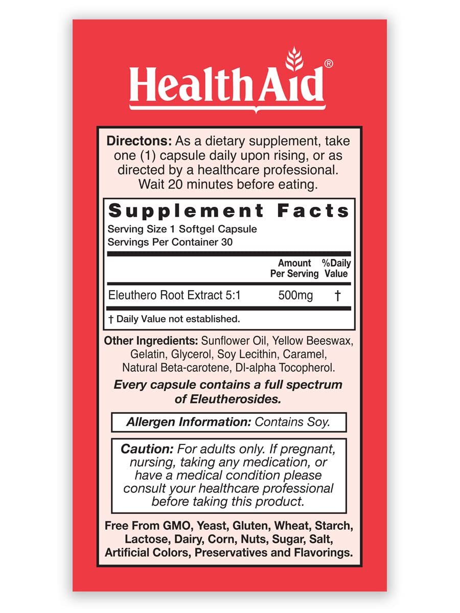 HealthAid Sibergin Siberian Eleuthero (Eleutherococcus senticosus) – Adaptogenic Herbal Support – Helps Support Energy, Stamina & Stress Response – Once Daily – 30 Softgel Capsules