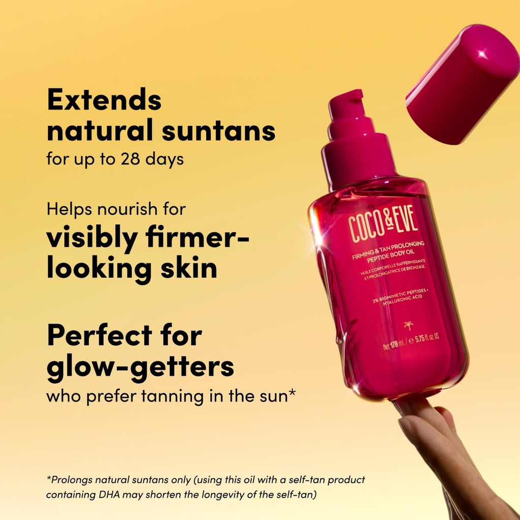 Coco & Eve Firming & Tan Prolonging Peptide Body Oil. Up to 28 Days Natural Tan Extender. After Sun Care with Tropical Oils, Vitamins C & E for Nourished, Glowy & Visibly Firmer Skin. (5.75 fl oz)