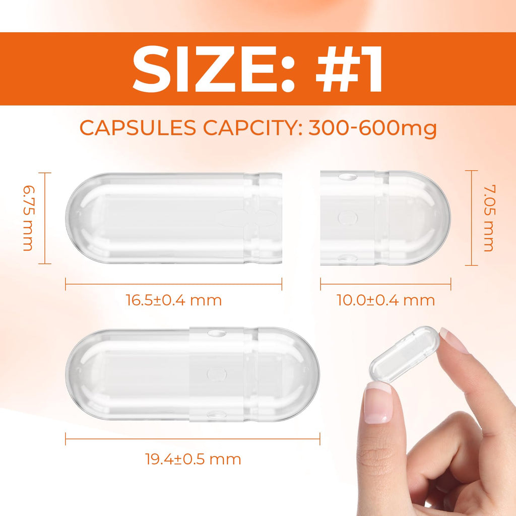 Angtai JN Capsules Size 1 Empty Gelatin Pill Gel Caps Pure Bovine Clear (1,000 Count) Gluten Free, Non-GMO, Halal Certified Filling Kit with 2 Spoons for DIY Your Own Supplements