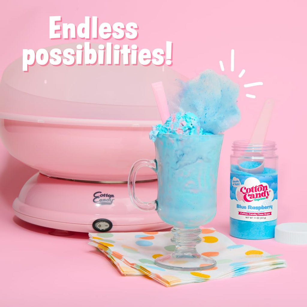 Cotton Candy Express Floss Sugar Variety Pack with 5 - 11oz Plastic Jars of Lime, Watermelon, Pina Colada, Blue Raspberry, Pink Vanilla Flossing Sugars Plus 50 Paper Cotton Candy Cones
