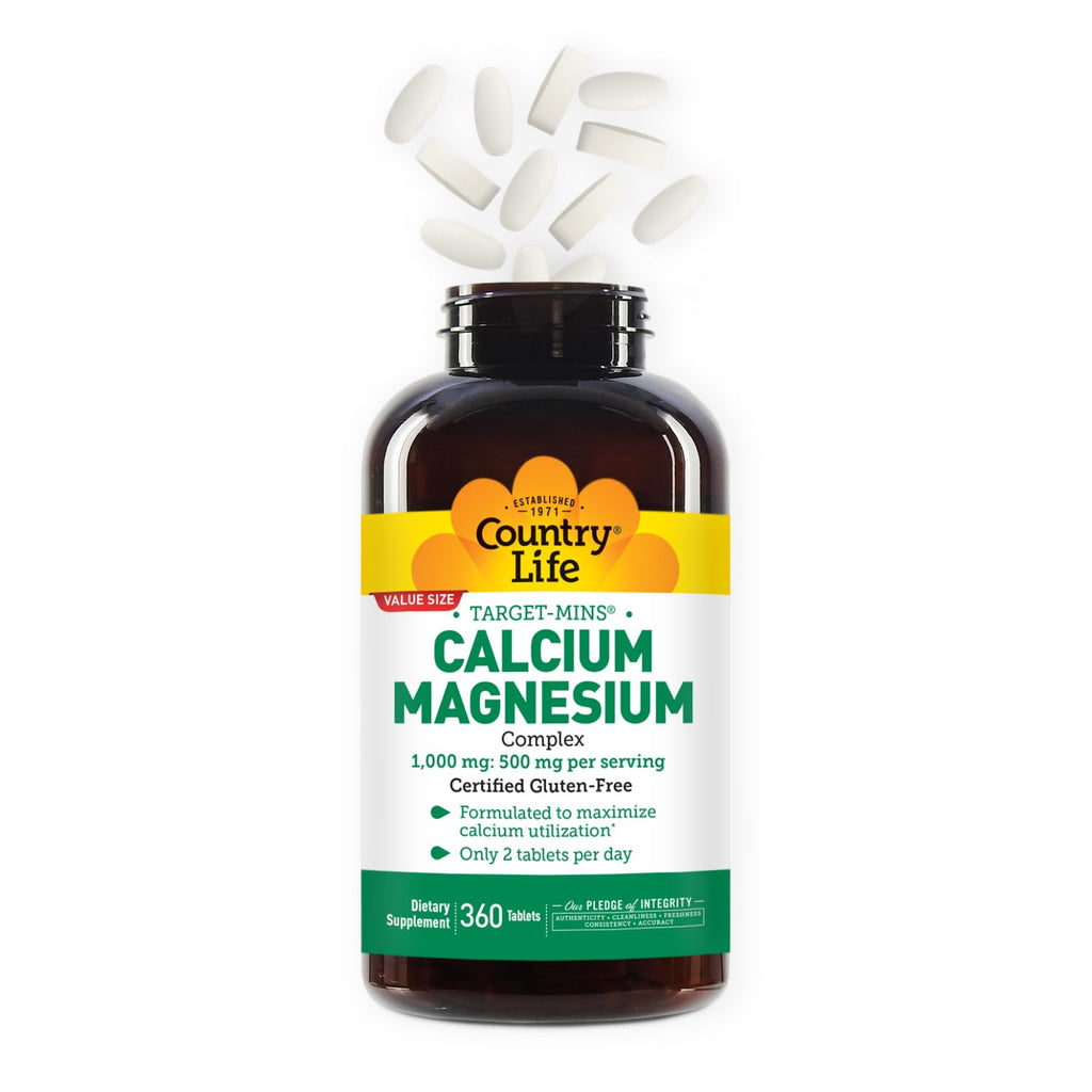 Country Life Target-Mins Calcium Magnesium Supplement for Bone Health, 1000mg Calcium, 500mg Magnesium, Gluten Free, 2:1 Ratio for Optimal Utilization