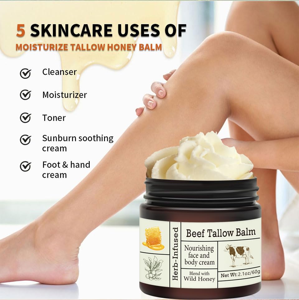 Beef Tallow For Skin, Beef Tallow and Honey Balm Face Moisturizer, Organic Grass Fed Tallow Deeply Nourishing for Face & Body - Whipped Beef Tallow Skin Balm, Moisturizing Skin Care Cream for Dry Skin