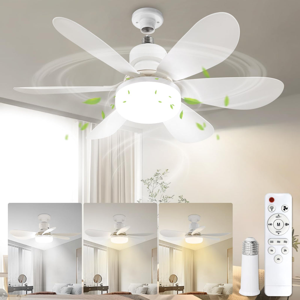 VTYXCTIGJ Socket Fan Light with Remote, Portable Small Ceiling Fans with Lights Bulb for Bedroom, Kitchen, Living Room, 20" Screw in Ceiling Fan in Light Socket for E26 Base 40W/3000K-6000K Dimmable