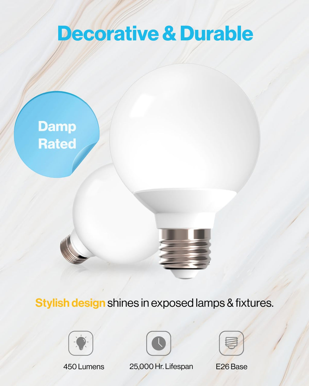 Sunco Globe Light Bulbs, G25 LED Vanity Bulbs for Bathroom, Round Ambient Decorative Bulb, 450 LM, 5000K Daylight, Dimmable, 6W, E26 Base, Frosted, CRI92, Damp Rated UL 2 Pack.