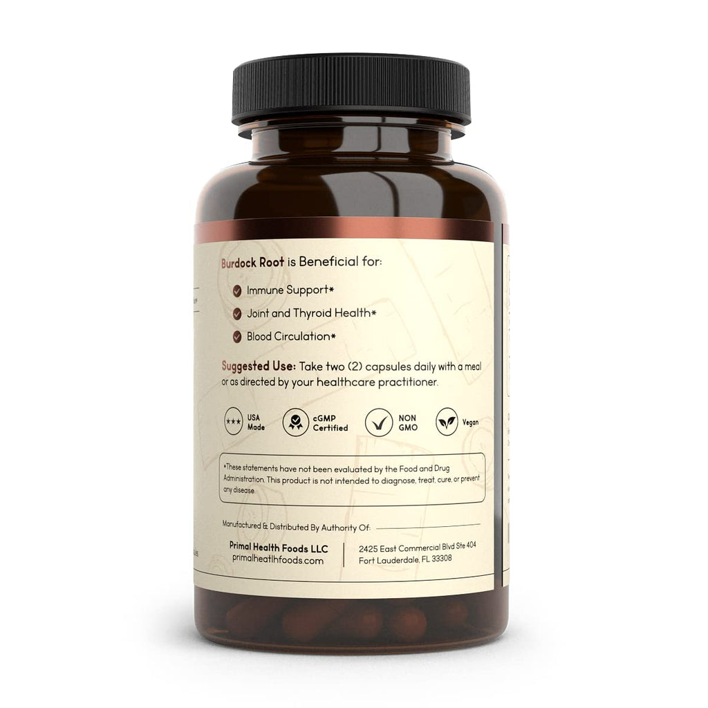 Primal Health Foods Organic Burdock Root Capsules 1000 mg 60 Servings | Circulation, Blood, Immune, Thyroid, Skin and Joint Support | Vegetarian, Organic, Non-GMO & Gluten Free