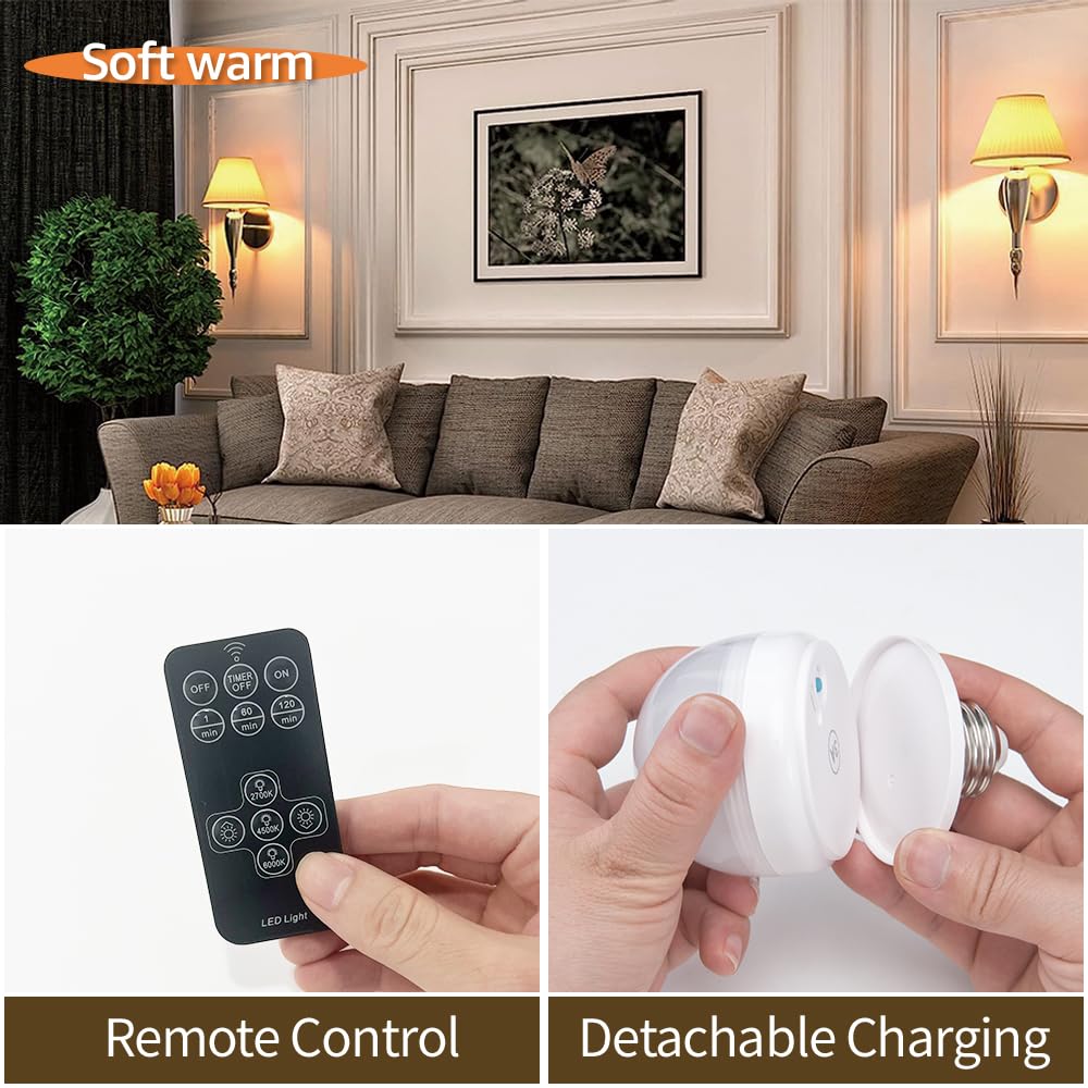 BLUEYE Rechargeable Light Bulbs,2Pack,10W,Remote Control,Soft Warm 2700K-6000K,50W Equivalent,450Lumens,E26 Detachable Charging,Battery Operated Emergency Lamp for No Outlet