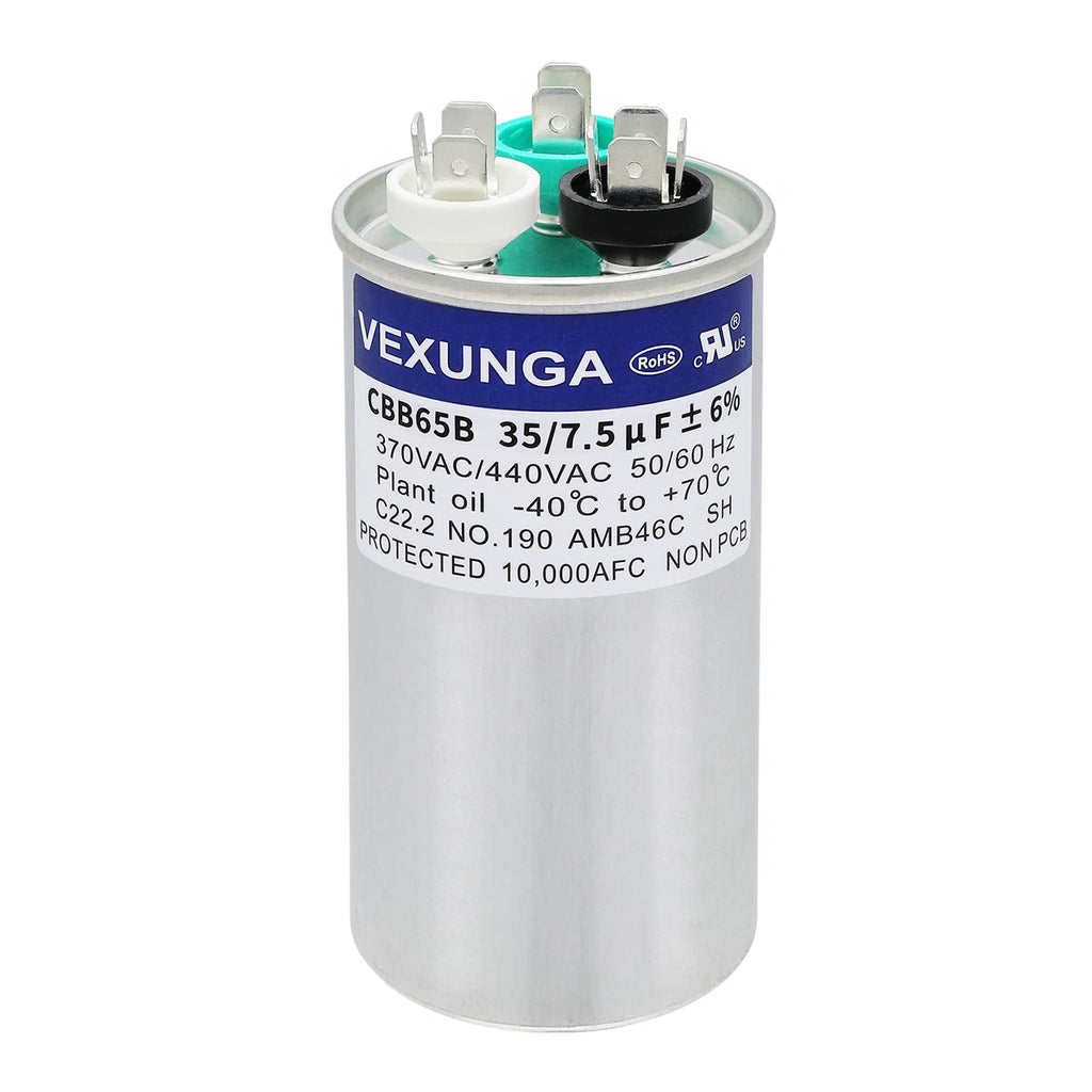 VEXUNGA 35/7.5 uF 35+7.5 MFD 370V or 440V Dual Run Start Round A/C Capacitor CBB65 CBB65B Air Conditioner Capacitors for AC Unit Fan Motor Start or Heat Pump or Condenser Straight Cool