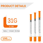 Jeringas, 1mL 31G 1/2" (12.7mm) jeringas con agujas para inyectar, Empaque Individual | Individually Wrapped, 100 Pack