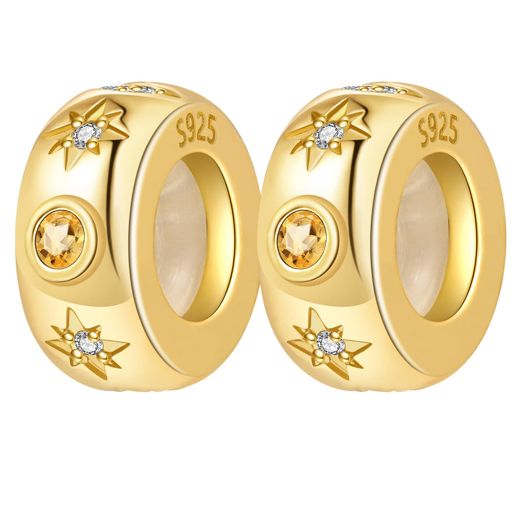 PANPOKI Spacer Stopper Beads for Bracelets & Necklaces, 925 Sterling Silver Beads | Smooth & Pave Cubic Zirconia (White, Blue, 18K Gold Plated) | Anti-Slide Separator Charms S925 Women Jewelry (2Pcs Gold Star Spacer)