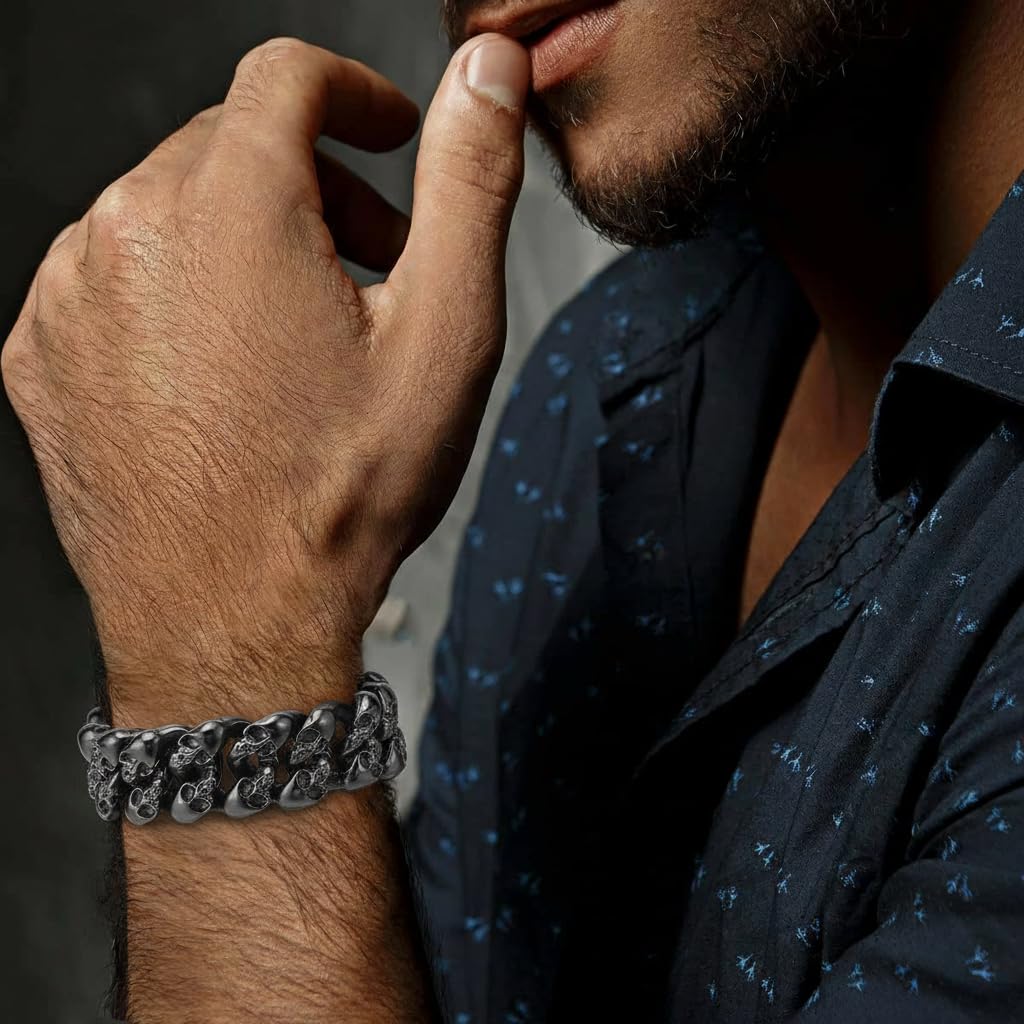 COOLSTEELANDBEYOND Men's Black Stainless Steel Skull Cuban Link Bracelet, Rugged Gothic Biker Chain, Heavy-Duty Jewelry, Secure Box Clasp