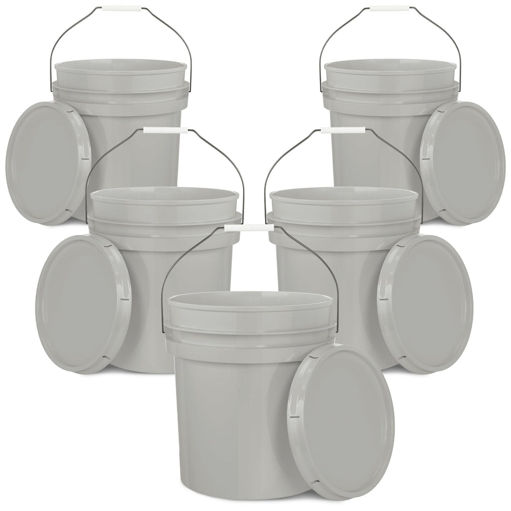 EconoHome 5-Gallon Grey Bucket Pail Container with Lid | Metal Handles with Plastic Grip | Easy Stack and Store | Heavy-Duty, Approx 90 MIL, Extra Durable | Food Grade | BPA Free - 5 Pack