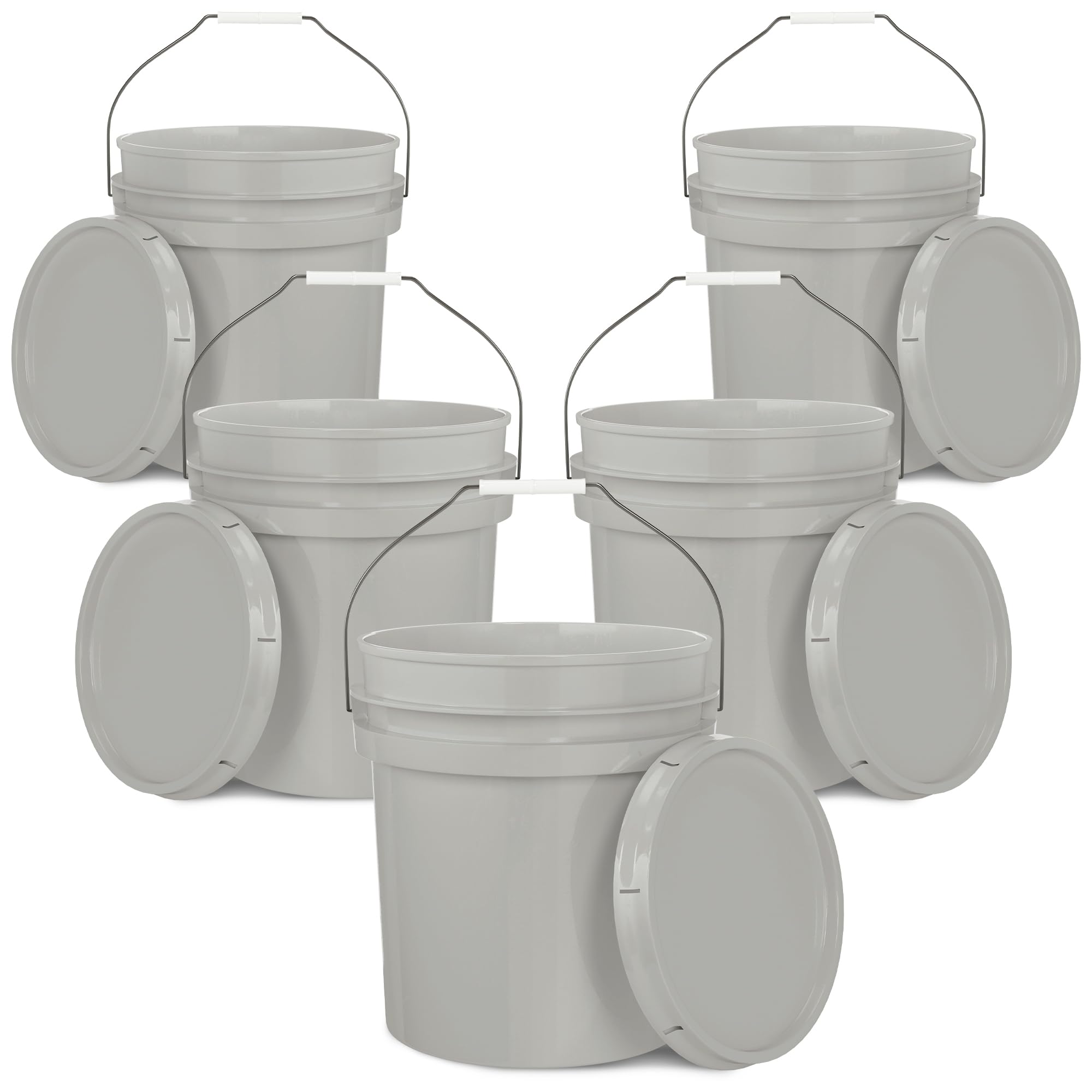 EconoHome 5-Gallon Grey Bucket Pail Container with Lid | Metal Handles with Plastic Grip | Easy Stack and Store | Heavy-Duty, Approx 90 MIL, Extra Durable | Food Grade | BPA Free - 5 Pack