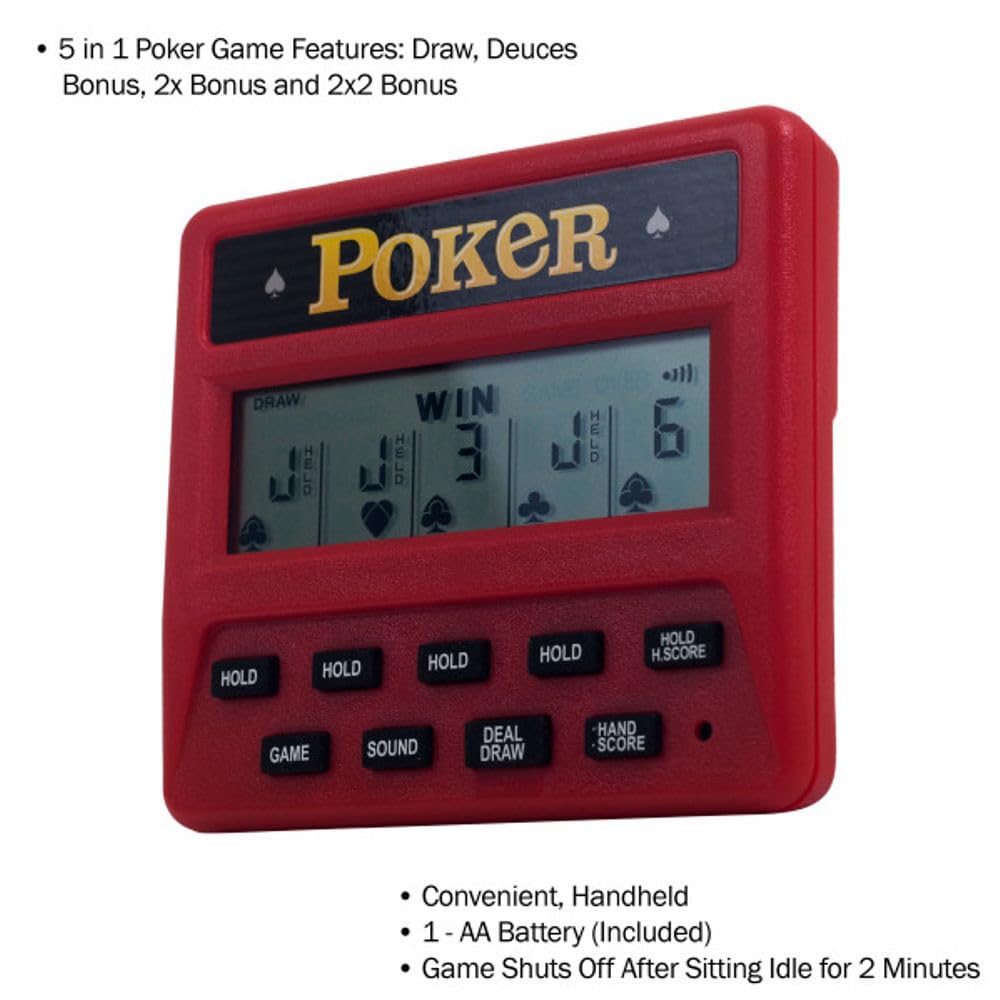 5-in-1 Hand Held Poker Game - Electronic Handheld Games for Adults Includes Draw, Deuces, Bonus, 2X and 2x2 Bonus - 3.9x3.4-Inch Pocket-Sized Travel Casino by Trademark Poker