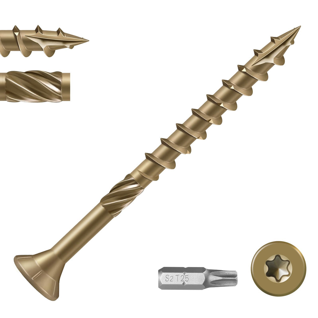 VGBUY Deck Screws #8 x 2 Inch Heavy Duty Exterior Wood Screws,Torx Drive Head Deck Screw Bronze Rust Resistant Epoxy Coated,Long Outdoor Screws with Star Bit(1Ibs,106Pcs)