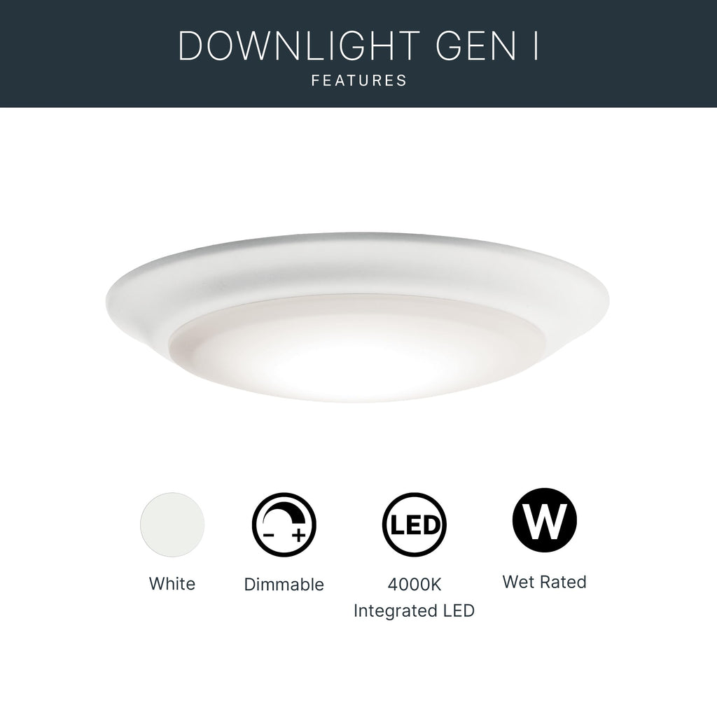 Kichler Gen 1 LED Downlight in White, 7.5” Ceiling Lights Flush Mount, Wet Rated Interior Dimmable Light for Living Room, Dining Room, Kitchen, Bathroom and Bedroom, 4000K, (7.5” x 1.5”), 43846WHLED40