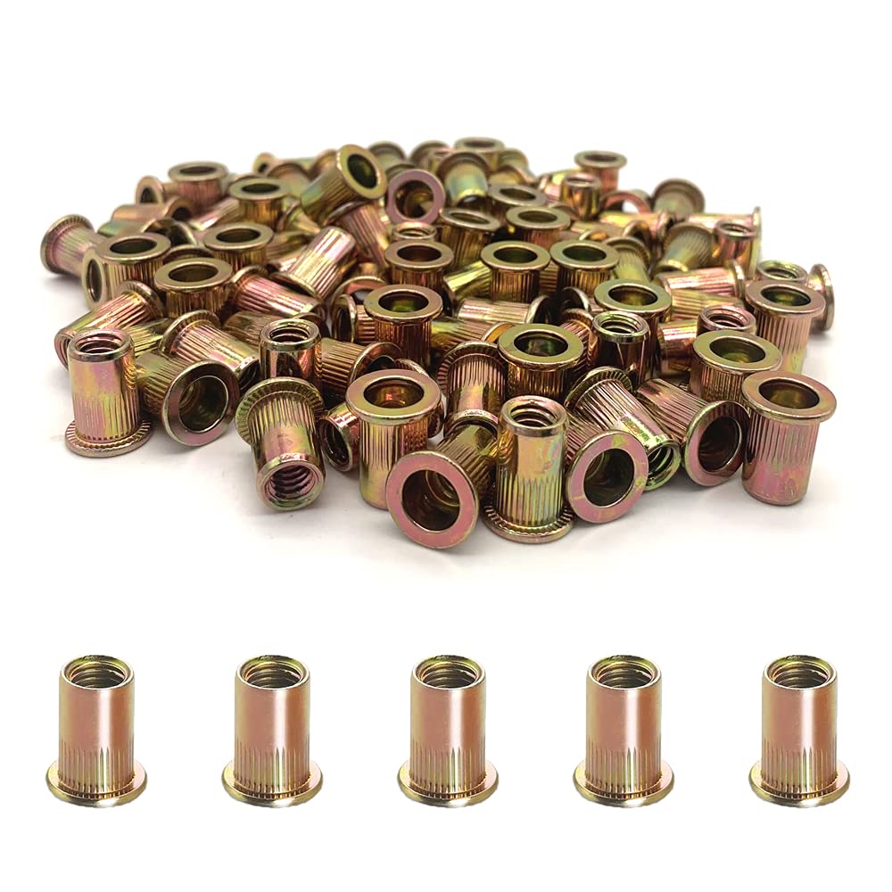 200PCS-Rivet Nuts,1/4"-20 Steel UNC Rivet Nut Assortment Kit, Flat Head Threaded Insert Nutserts Assort (NUT-1/4-20)