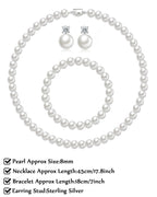 Pttozan Pearl Necklaces for Women,8mm White Pearl Necklace and Earring Bracelet Jewelry Set for Women Men Wedding Birthday Valentine Christmas Day Gifts