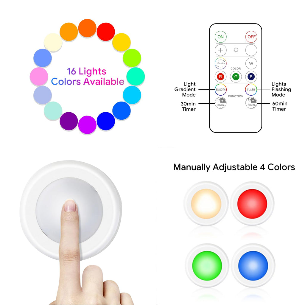 Yiliaw 6 Pack LED Puck Lights Remote Control 16 Color Changeable Under Cabinet Lights, Battery Operated Lights Night Light with Dimmer & Timmer for Closet Bedroom Kitchen, White