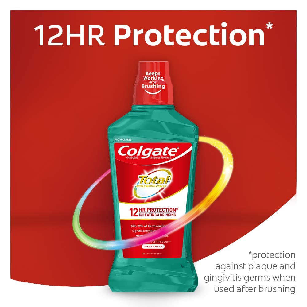 Colgate Total Pro-Shield Alcohol Free Mouthwash, Antibacterial Formula, Spearmint - 500 mL, 16.9 Fluid Ounce (6 Pack)