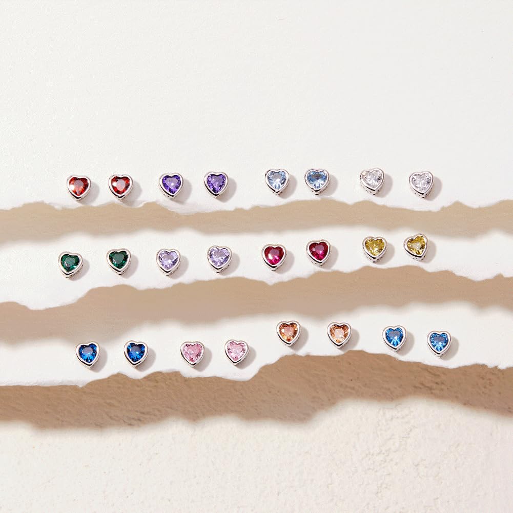 In Season Jewelry CZ Birthstone Heart Kids Earrings - 925 Sterling Silver Hypoallergenic for Girls with Secure Screw Backs - Safe & Comfortable for Toddlers & Kids - Pink