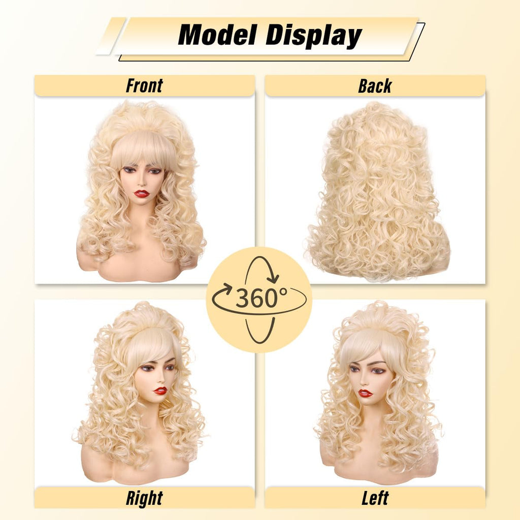 FantaLook Blonde Long Curly Wig with Bangs, Vintage Costume Wig for Women