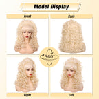 FantaLook Blonde Long Curly Wig with Bangs, Vintage Costume Wig for Women