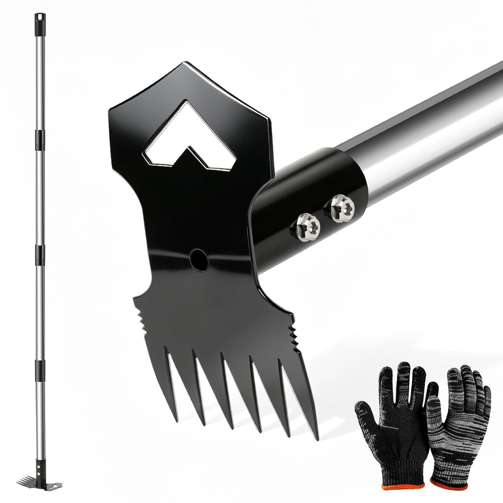 60" Weed Puller Tool with Long Handle, 2-in-1 Weed Rake & Garden Hoe, Stand Up Weeding Tools Gardening, Heavy Duty Steel Weeder Tool, Manual Uprooting Weed Remover Tool for Yard, Lawn, Patio, Garden